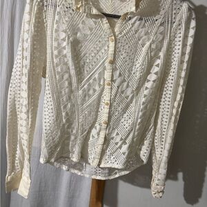 Anthropologie Cream Lace Button-Up Blouse